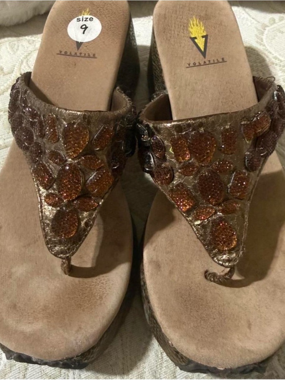 Volatile Bronze Glitter Beaded Thong Sandals
